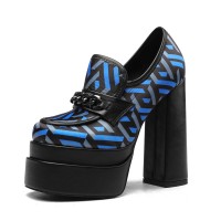 Chunky Heels Round Toe Platforms Loafers Pumps - Blue