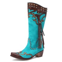 Pointed Toe Chunky Heels Ethnic Western Knee Highs Cowboy Boots - Blue Brown