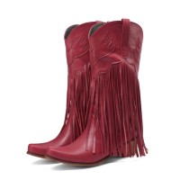 Pointed Toe Love Wings Tassel Decorated Western Chunky Heels Knee Highs Boots - Red