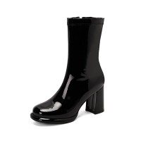 Round Toe Chunky Heels Side Zipper AnkleHighs Autumn Rain Boots - Black