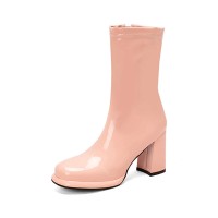 Round Toe Chunky Heels Side Zipper AnkleHighs Autumn Rain Boots - Pink