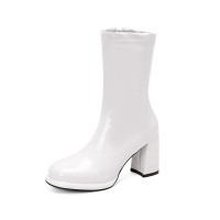 Round Toe Chunky Heels Side Zipper AnkleHighs Autumn Rain Boots - White
