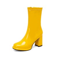 Round Toe Chunky Heels Side Zipper AnkleHighs Autumn Rain Boots - Yellow