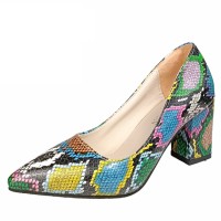 Peep Toe Platforms Snake Print Chunky Heels Pumps - Green