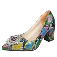 Peep Toe Platforms Snake Print Chunky Heels Crystal Rhinestones Pumps - Green