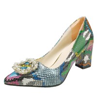 Peep Toe Platforms Snake Print Chunky Heels Pearl Beads Pumps - Green