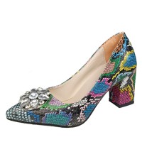 Peep Toe Platforms Snake Print Chunky Heels Sunflower Rhinestones Pumps - Green