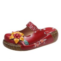 Round Toe Flower Decorated Roman Platform Sandals Slippers - Red Faux Leather