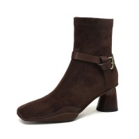 Round Toe Chunky Heels Leather Buckle Straps Boots with Side Zipper - Brown