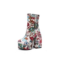 Round Toe Chunky Heels Buckle Straps Flowers Platforms Ankle Boots with Side Zipper - White