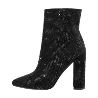 Pointed Toe Chunky Heels Rhinestones Zippers Ankle Highs Boots - Black Synthetic