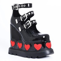 Round Toe Platforms Sweet Hearts Ankle Buckle Straps Mary Janes Wedges Pumps - Black
