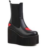 Round Toe Platforms Sweet Hearts Wedges Chelsea British Punk Vegan Leather Boots - Black