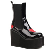Round Toe Platforms Sweet Hearts Wedges Chelsea British Punk Patent Boots - Black