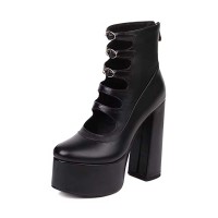Round Toe Double Buckle Straps Back Zipper Chunky Heels Platforms Pumps - Black Faux Leather