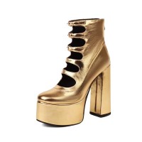 Round Toe Double Buckle Straps Back Zipper Chunky Heels Platforms Pumps - Gold Faux Leather
