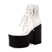 Round Toe Lace Up Double Straps Chunky Heels Platforms Zipper Ankle Highs Boots - White Faux Leather