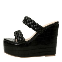 Peep Toe Platforms Crocodile Print Braid Strap Wedges Sandals Slippers - Black