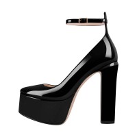 Round Toe Platforms Chunky Heels Ankle Buckle Straps Lolita Pumps - Black Patent
