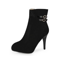 Round Toe Stiletto Heels Side Zipper Ankle Straps Boots - Black