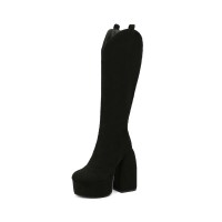 Round Toe Chunky Heels Side Zipper AnkleHigh Platforms Party Boots - Black