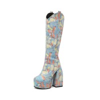 Round Toe Chunky Heels Side Zipper AnkleHigh Platforms Party Boots - Blue