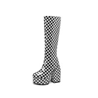 Round Toe Chunky Heels Platforms Knee Highs Checked Print Booties with Side Zipper - Black White