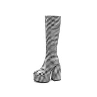 Round Toe Chunky Heels Platforms Knee Highs Crowbar Print Booties with Side Zipper - Black White