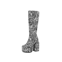 Round Toe Chunky Heels Platforms Knee Highs Tiger Print Booties with Side Zipper - Black White