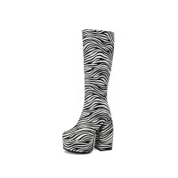 Round Toe Chunky Heels Platforms Knee Highs Zebra Print Booties with Side Zipper - Black White