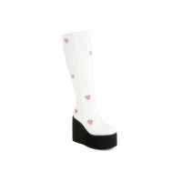 Round Toe Platforms Wedges Heels Sweetheart Punk Winter Boots with Side Zipper - White