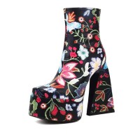 Square Toe Flower Pattern High Cutout Chunky Heels Platforms Side Zip Ankle Highs Boots - Black Faux Leather