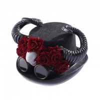 Steampunk Bowler Devil Horn Rose Decorated Halloween Gothic Carnivale Googles Hats - Black