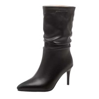 Pointed Toe Stiletto Heels Ankle Highs Sexy Boots - Black Faux Leather
