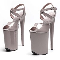 Peep Toe Stiletto Heels Smooth Ankle Cross Straps Platforms Sandals  - Gray Patent