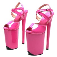 Peep Toe Stiletto Heels Smooth Ankle Cross Straps Platforms Sandals  - Pink Patent