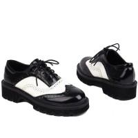 Round Toe Lace Up Oxford British Style Chunky Heels Low Heels College French Maid Loafers - Black