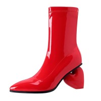 Pointed Toe Strange Sweetheart Heels Ankle High Patent Boots - Red