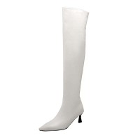 Pointed Toe Kitten Heels Over Th Knees Thigh High Glossy Boots - White Patent