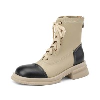 Round Toe Platforms LaceUp English Style Vintage Safari Boots with Back Zipper - Apricot Black