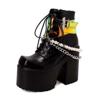 Square Toe Platforms Gothic Beads Decorated Lace Up Platforms Chunky Heels Ankle Highs Boots - Black Faux Leather