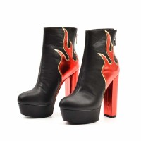 Round Toe Platforms Red Flame Ankle Highs Chunky Heels Boots - Black Faux Leather
