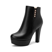 Round Toe Cuban Heels Platforms Side Zipper Ankle Boots - Black