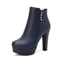 Round Toe Cuban Heels Platforms Side Zipper Ankle Boots - Blue