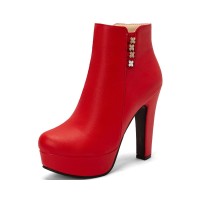 Round Toe Cuban Heels Platforms Side Zipper Ankle Boots - Red