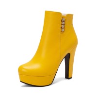 Round Toe Cuban Heels Platforms Side Zipper Ankle Boots - Yellow