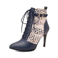 Pointed Toe Stiletto Heels Side Zipper LaceUp Ankle Straps Leopard Boots - Blue