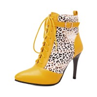 Pointed Toe Stiletto Heels Side Zipper LaceUp Ankle Straps Leopard Boots - Yellow