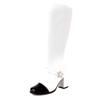 Round Toe Chunky Heels Flower Decorated Knee Highs Zipper Boots - White Faux Leather