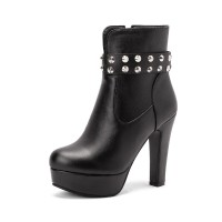 Round Toe Cuban Heels Platforms Side Zipper Ankle Rivet Decorated Straps Boots - Black